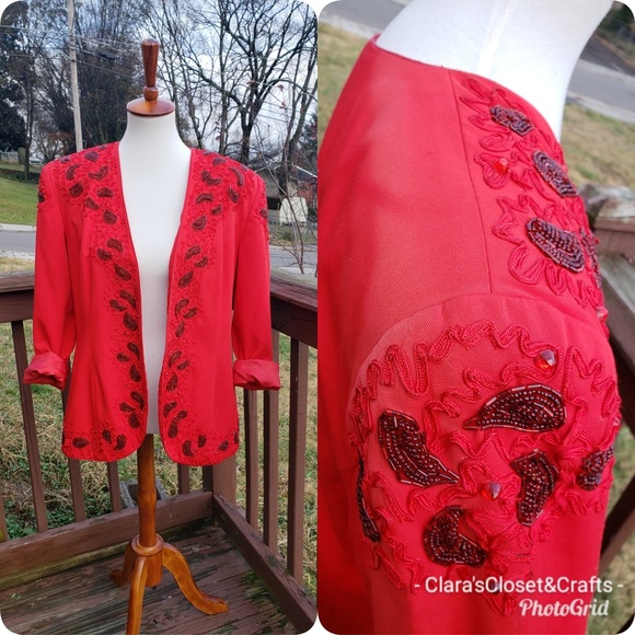 Vintage Red Beaded Paisley Blazer Jacket - Picture 6 of 13
